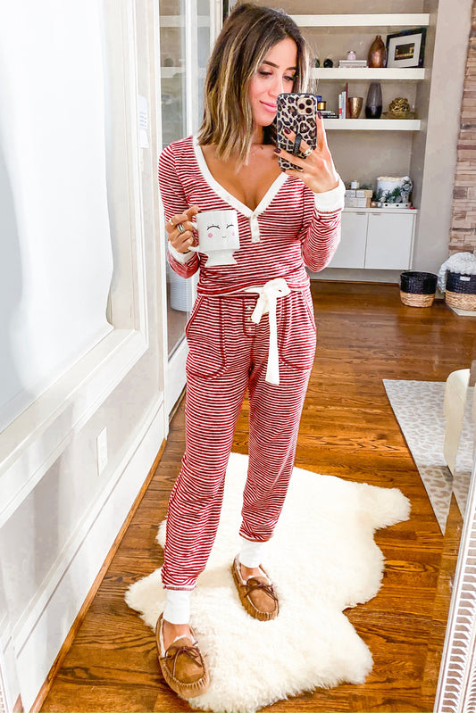 Red Stripe Buttoned V Neck Top and Knotted Waist Pants Lounge Set