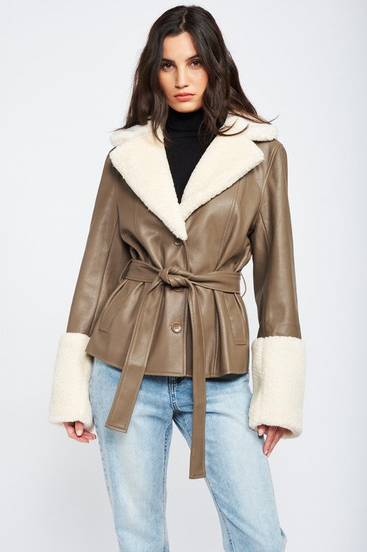 Winter Love Belted Faux Shearing Trimmed Jacket