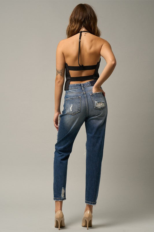 HAVEY HIGH WAIST STRAIGHT DESTROYED JEANS