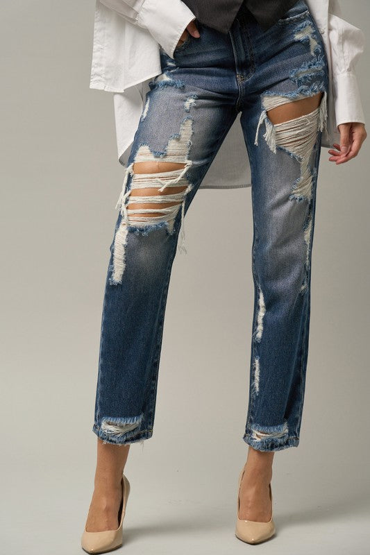 HAVEY HIGH WAIST STRAIGHT DESTROYED JEANS