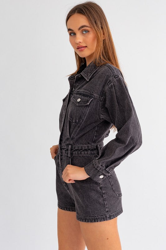 Undeniable Long Sleeve Denim Romper