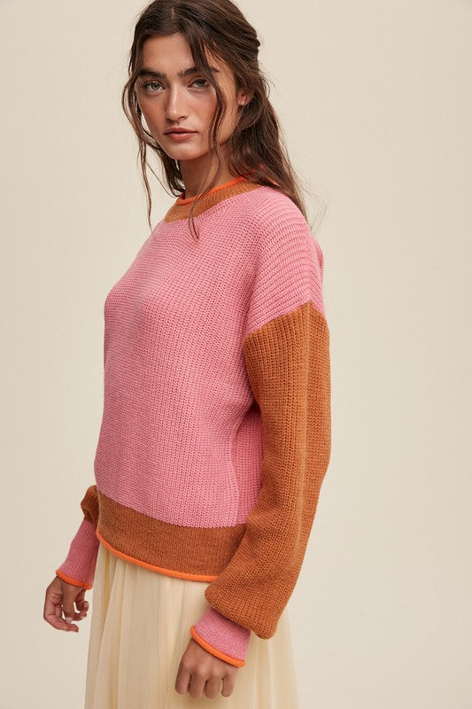 Arie Color Block Ribbed Knit Sweater