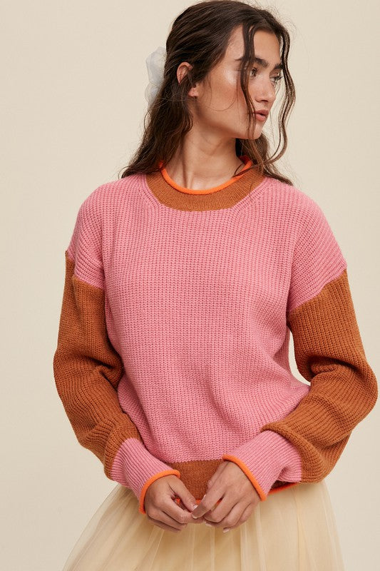 Arie Color Block Ribbed Knit Sweater