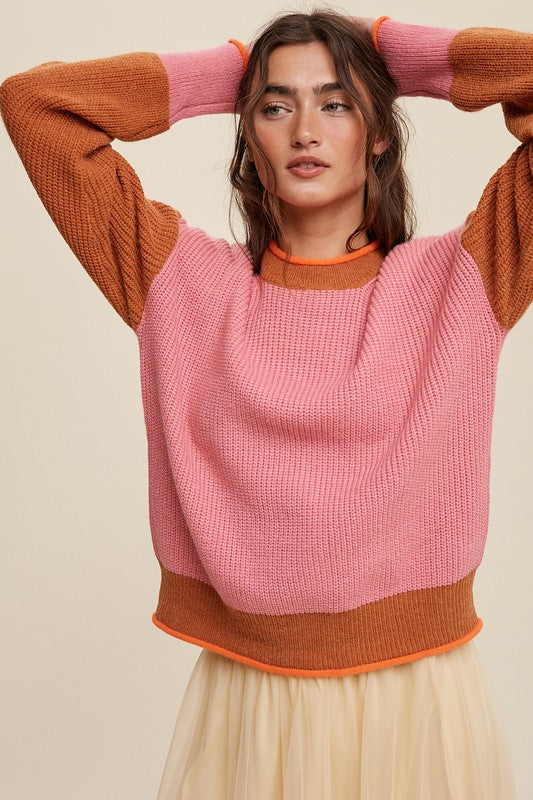 Arie Color Block Ribbed Knit Sweater