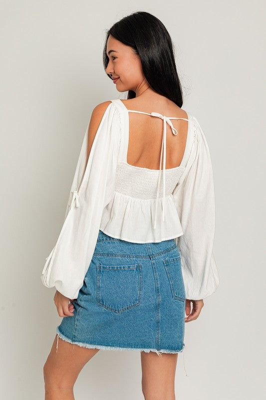 Cold Shoulder Long Sleeve Square Neck Detail Top