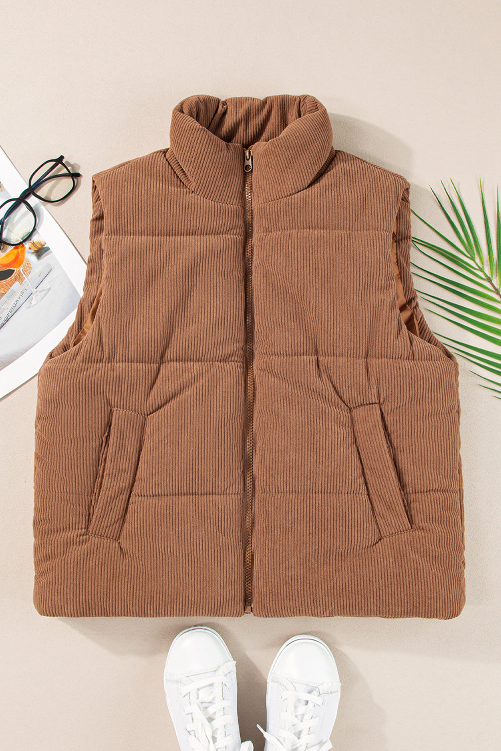 Coffee Corduroy Stand Neck Zipped Puffer Vest