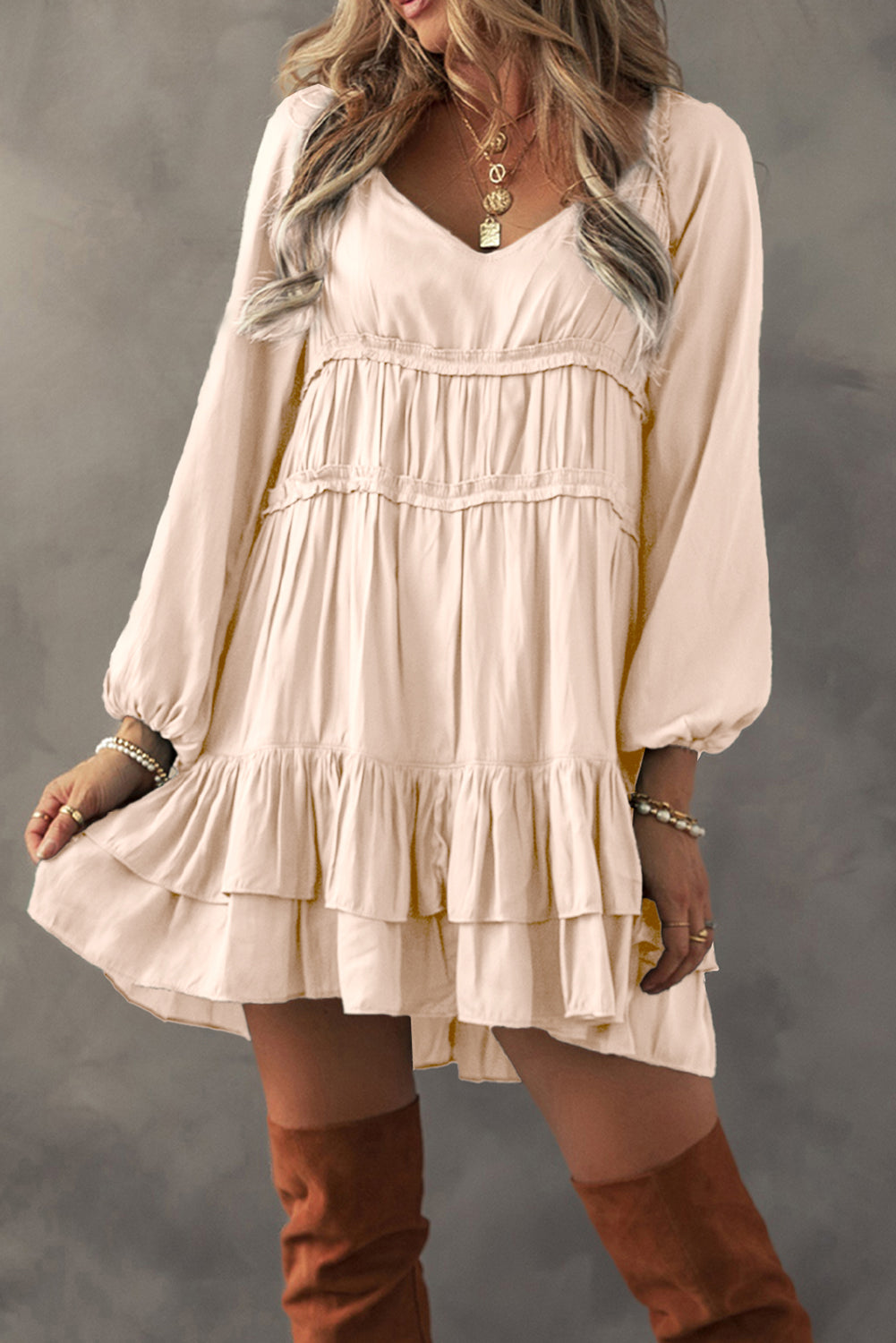 Apricot Tiered Ruffled Puff Sleeve Loose Fit Mini Dress