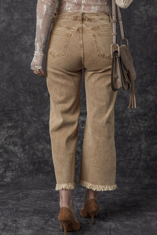 Light French Beige Acid Washed High Rise Cropped Wide Leg Jeans