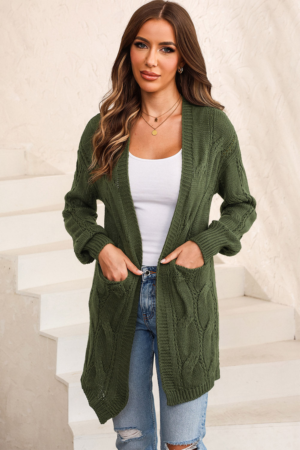 Snuggle Me Cable-Knit Dropped Shoulder Cardigan