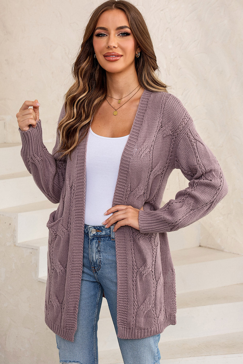 Snuggle Me Cable-Knit Dropped Shoulder Cardigan