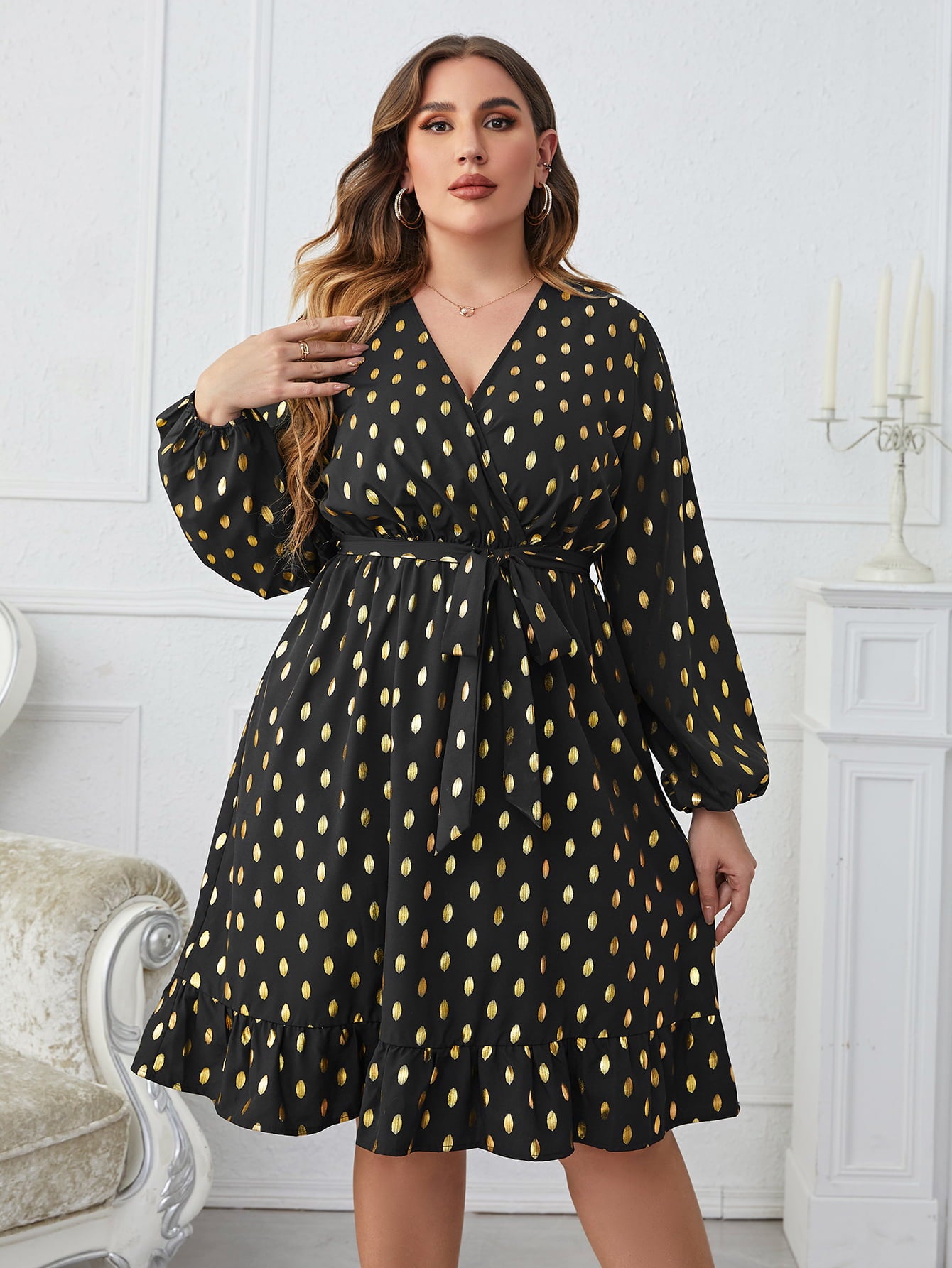 Plus Size Printed Surplice Neck Knee-Length Dress