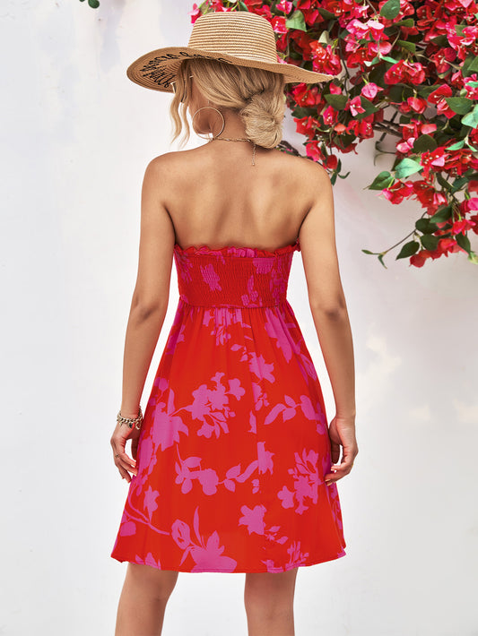 Floral Frill Trim Strapless Smocked Dress