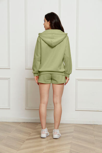 Zip Up Drawstring Hoodie and Shorts Set