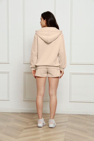 Zip Up Drawstring Hoodie and Shorts Set