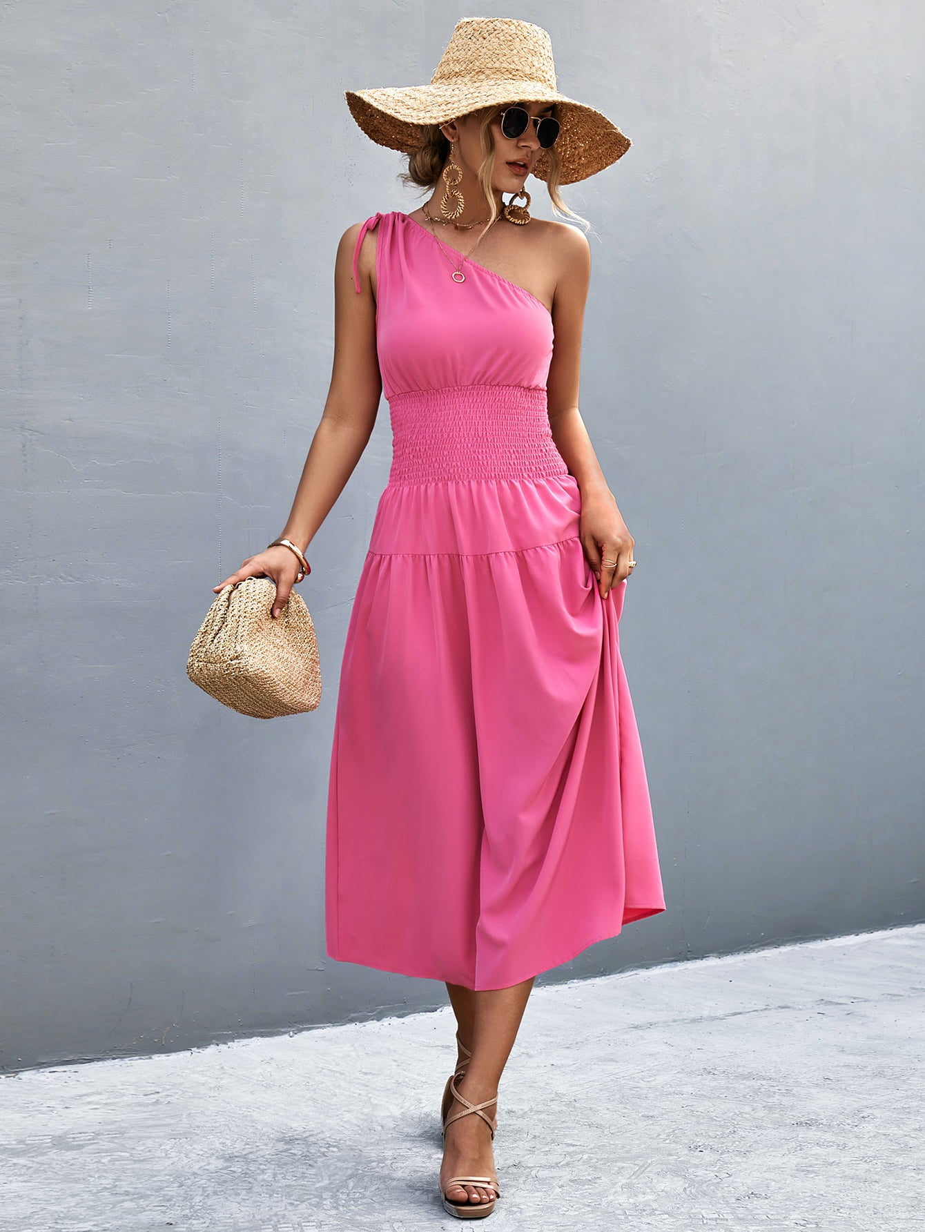 Asymmetrical One Shoulder Smocked Waist Midi Dress