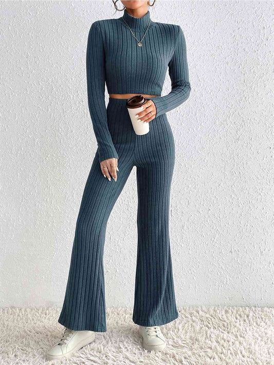 Ribbed Mock Neck Cropped Sweater & High Waist Pants Set