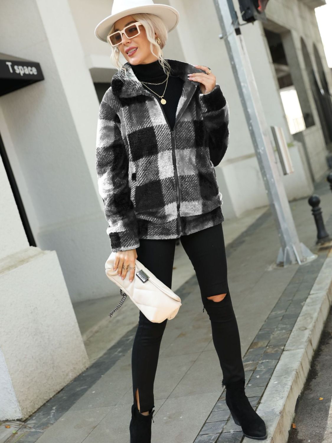 Feelin' Fine Plaid Zip-Up Collared Jacket