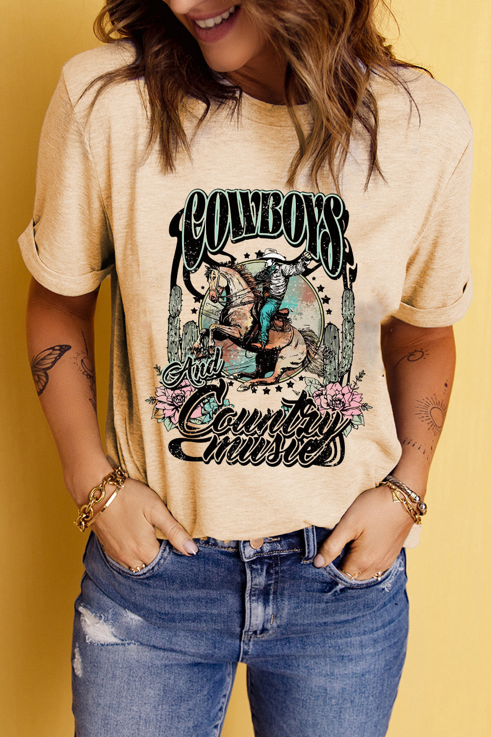 Short Sleeve Round Neck Cowboy Graphic Tee