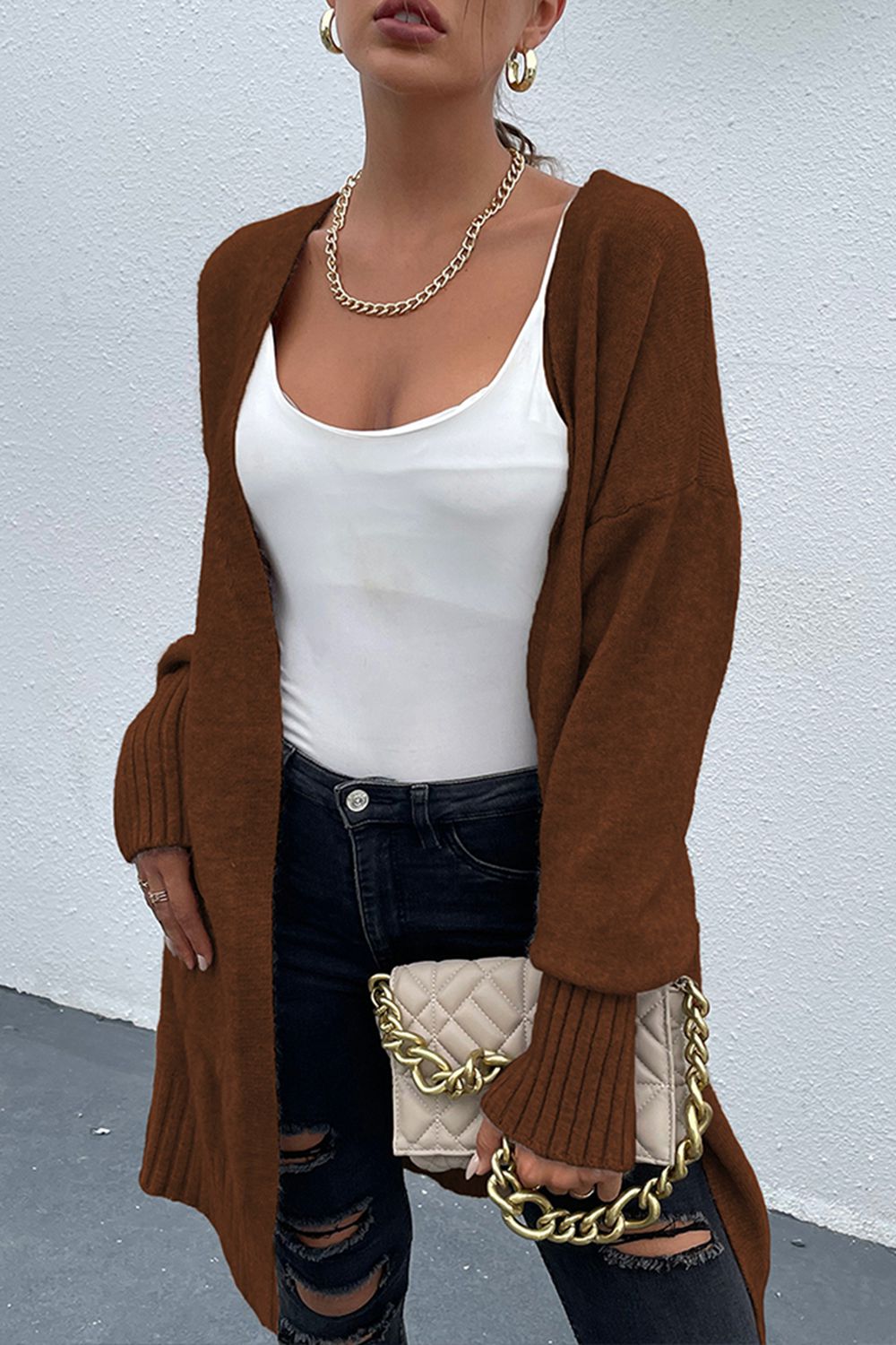 Open Front Dropped Shoulder Pocketed Cardigan