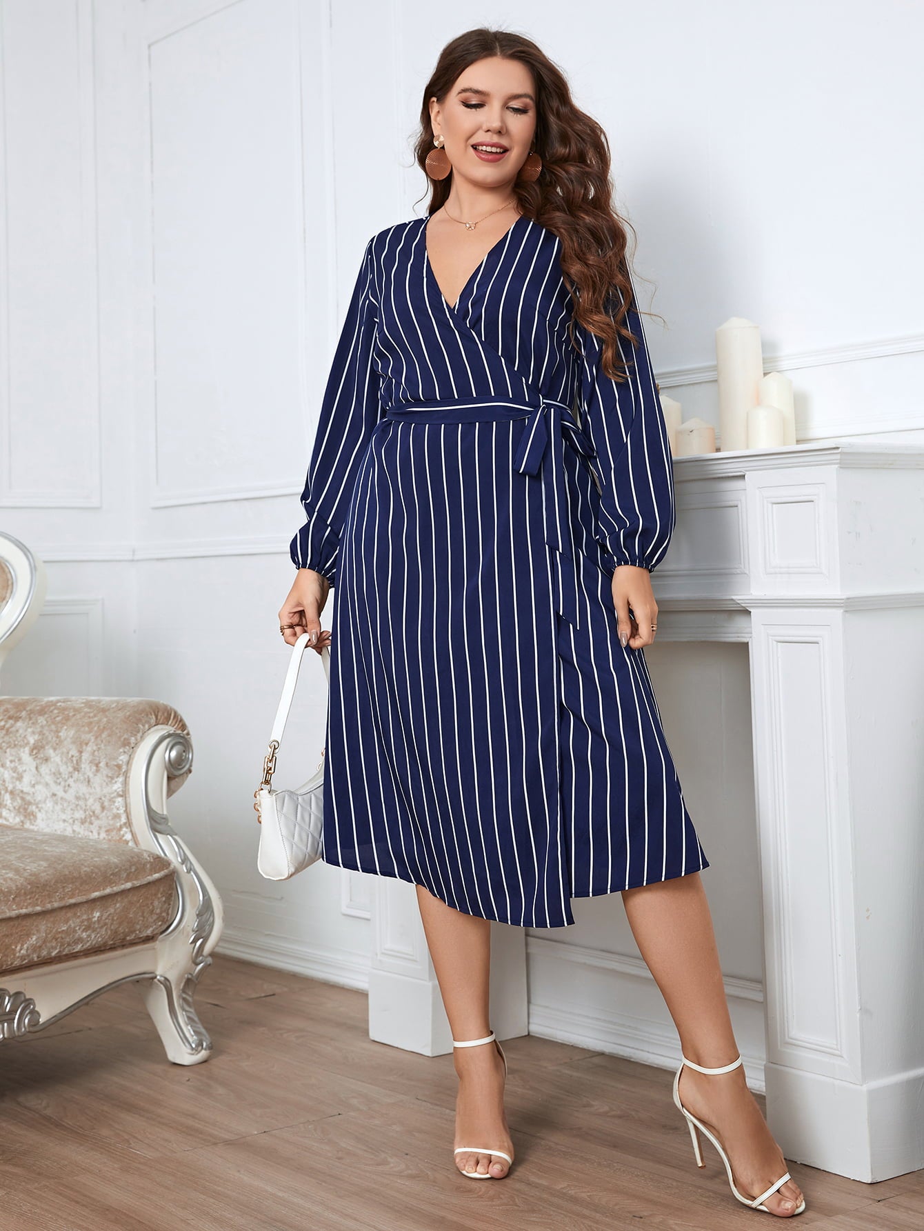 Plus Size Striped Surplice Neck Long Sleeve Dress