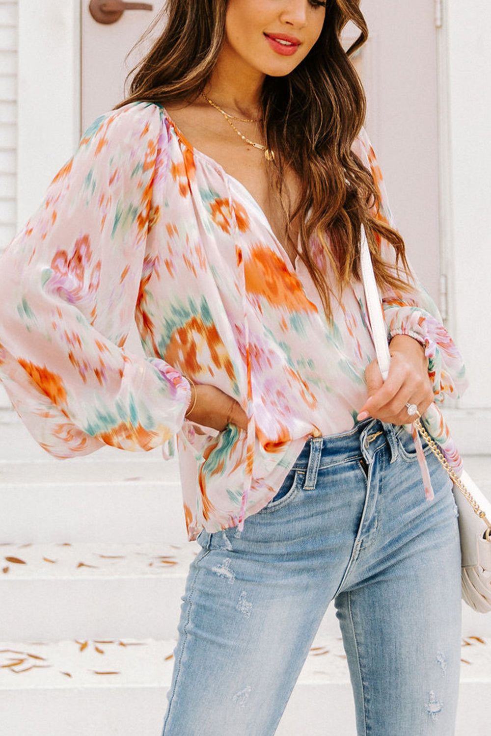 Printed Tie Neck Long Sleeve Blouse