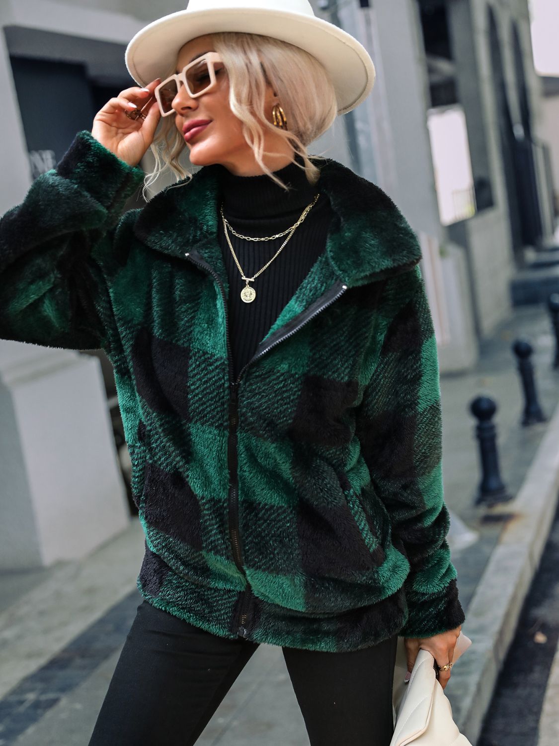 Feelin' Fine Plaid Zip-Up Collared Jacket