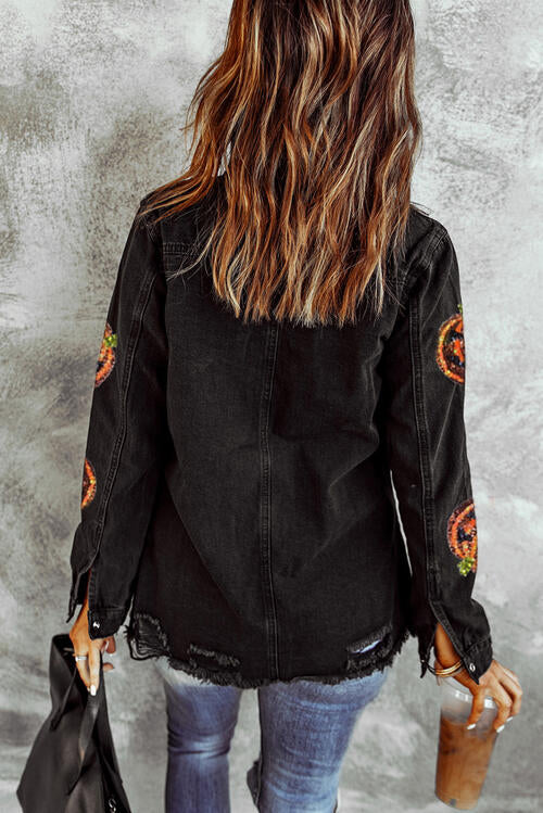 Sequin Patch Pumpkin Raw Hem Jacket