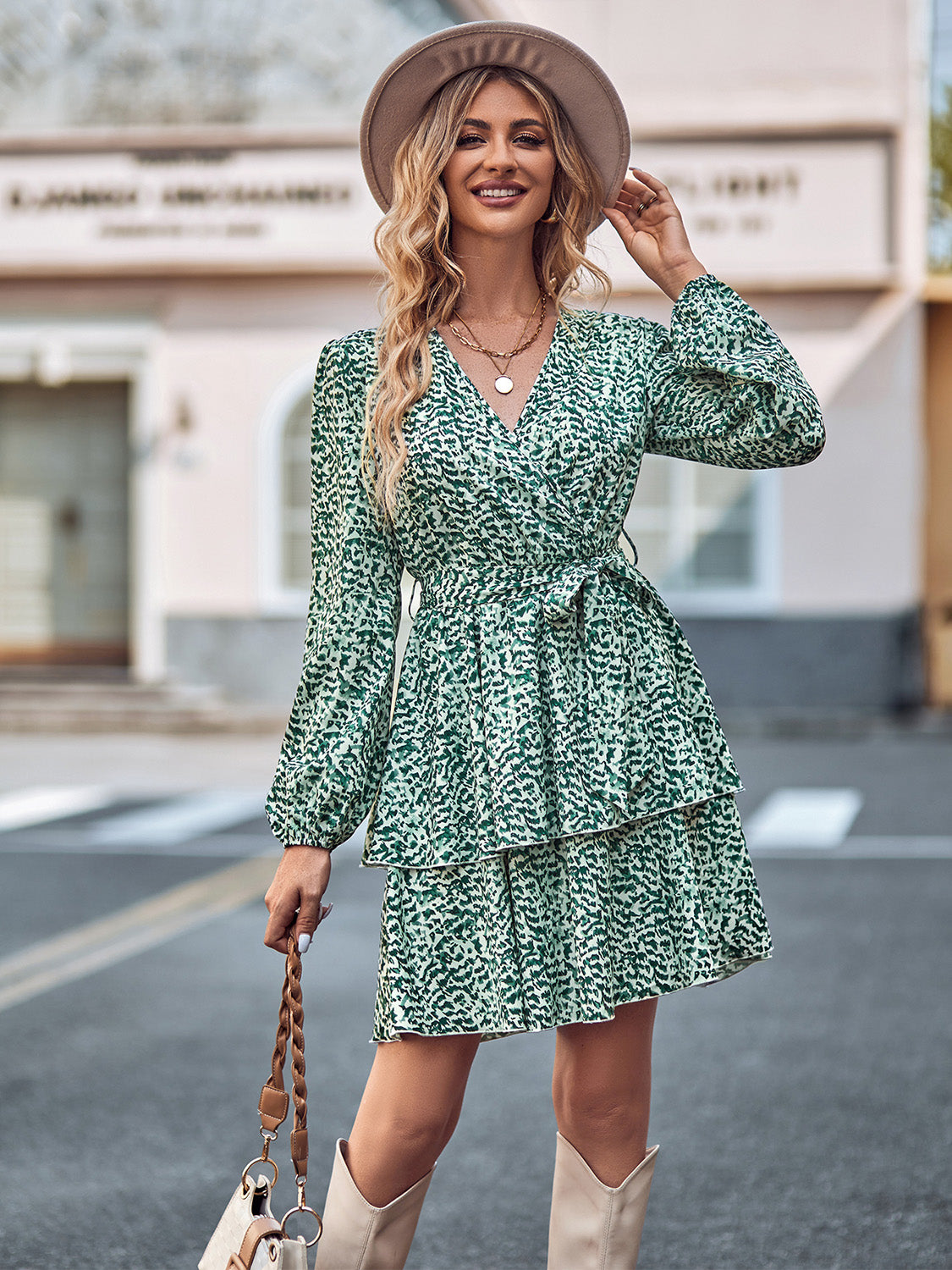 Fall Feeling Long Sleeve Tie Waist Layered Dress