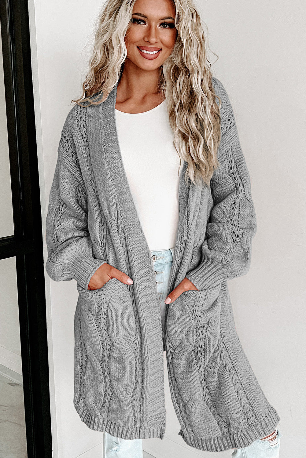 Snuggle Me Cable-Knit Dropped Shoulder Cardigan