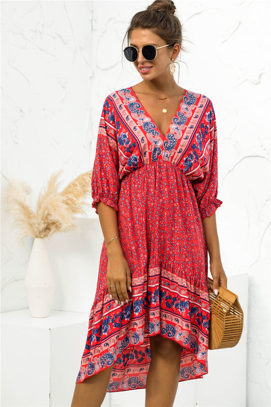 Printed Bohemian V Neck Dress