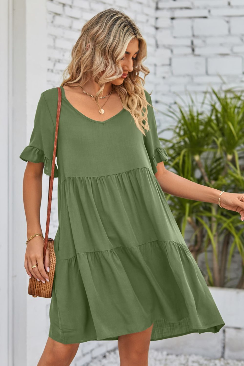 V-Neck Flounce Sleeve Tiered Dress