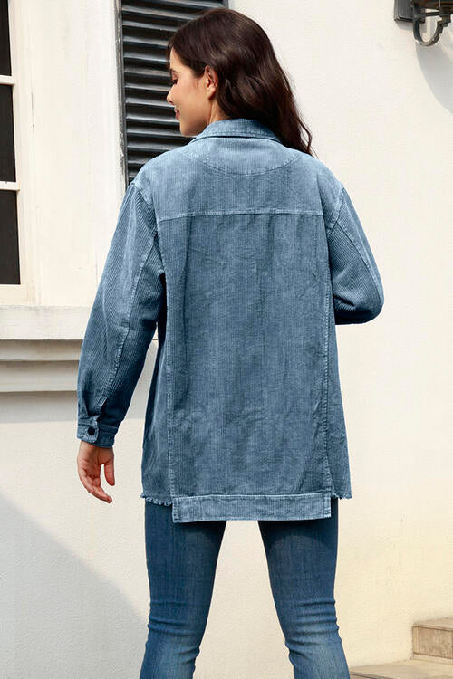 Button Up Raw Hem Long Sleeve Shacket