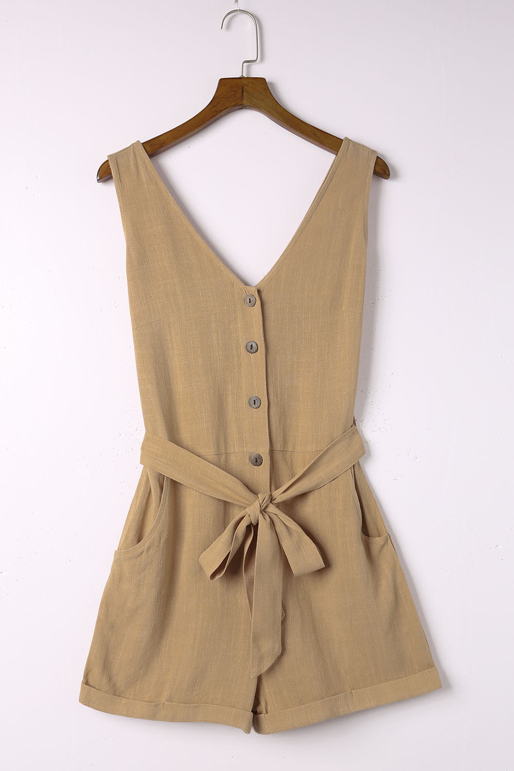 Tie-Waist Buttoned Plunge Sleeveless Romper