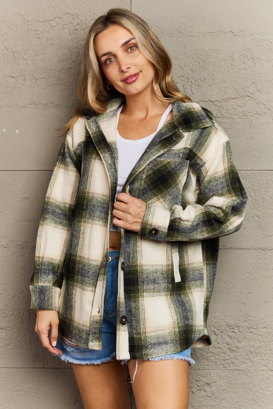 Zenana By The Fireplace Oversized Plaid Shacket in Olive