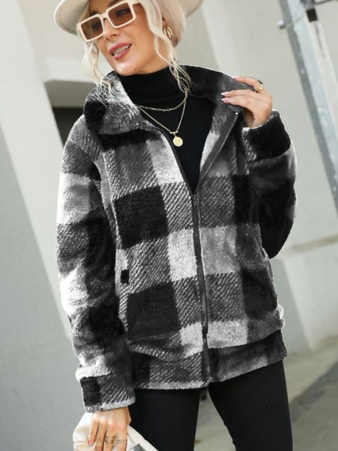 Feelin' Fine Plaid Zip-Up Collared Jacket